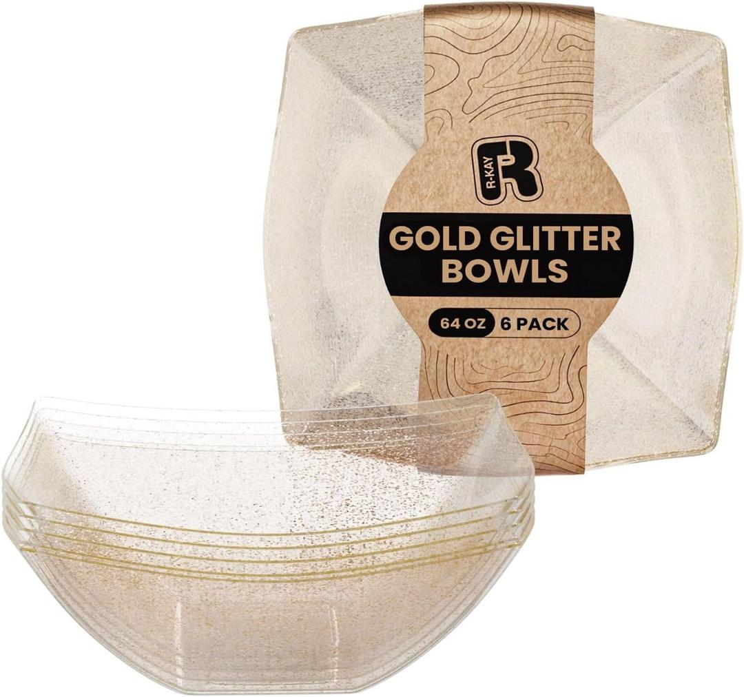 R-kay 6 Pack Plastic Serving Bowls - 64 OZ Gold Glitter Bowls - Salad Bowls Large Serving - Premium Heavy Duty For Weddings Catering And Birthday parties
