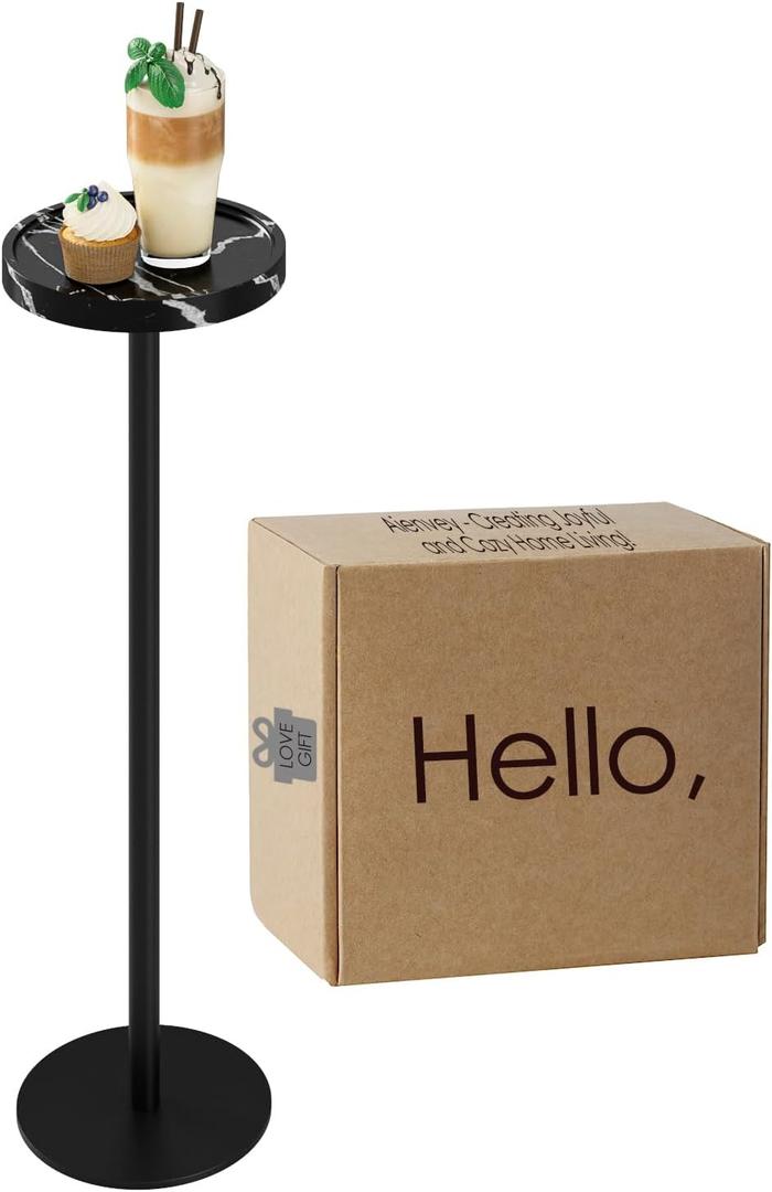 Drink Table, Small Pedestal Side Table, Round Cocktail Table, Circle Accent End Table with Metal Base, for Small Spaces (1, Black Marble)