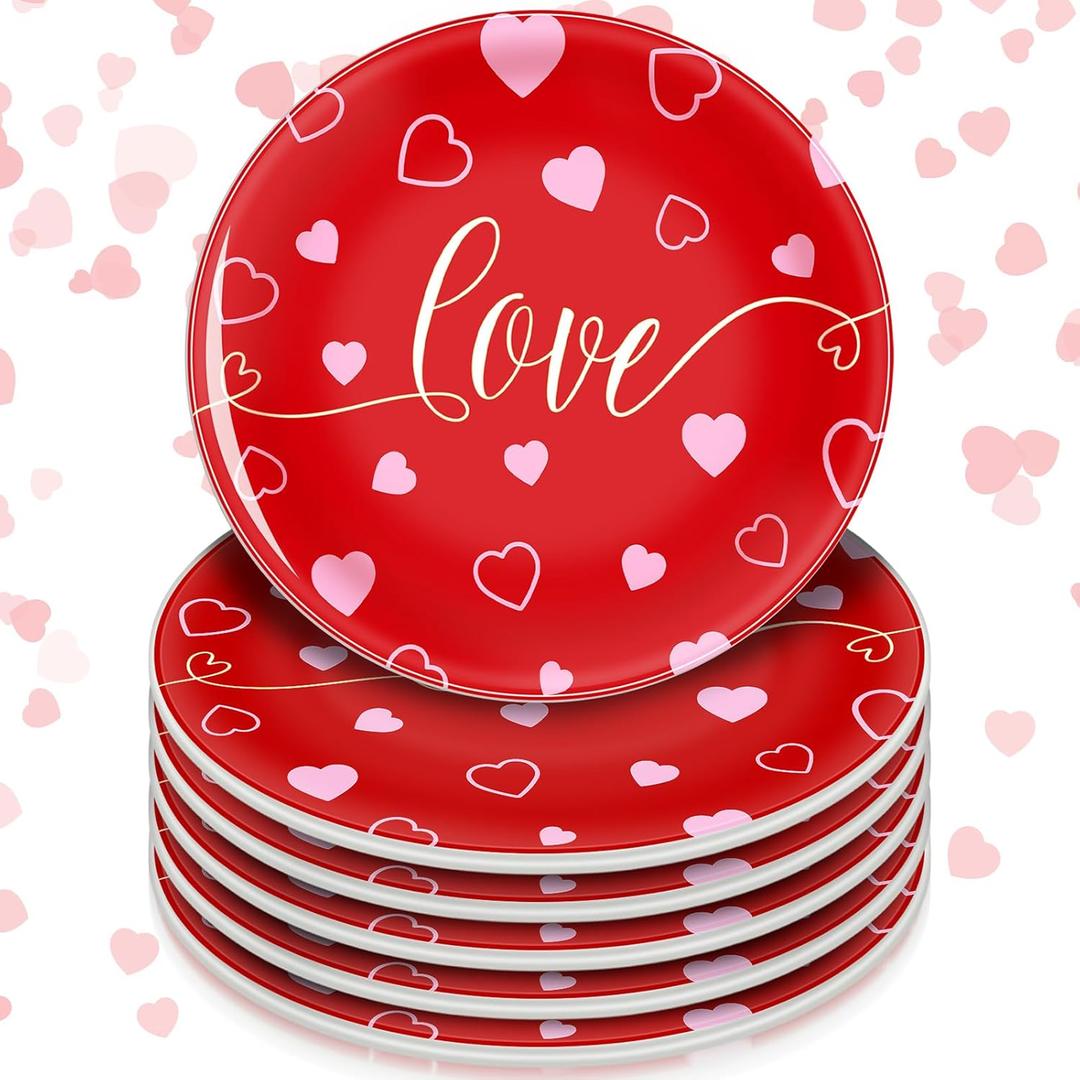 6 Pack 6 Inch Valentine's Day Love Ceramic Plates Pink Heart Tableware Plates Reusable Dinnerware Dessert Plates for Valentine's Day Celebration Wedding Party Supplies