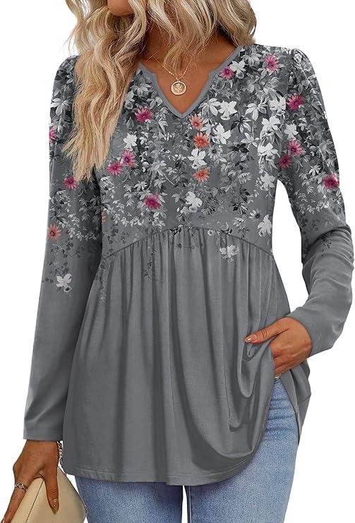 WIHOLL Womens Tops Long Sleeve Fall Shirts Babydoll Peplum Tops for Women V Neck Tunic Dressy Casual Blouses XXL