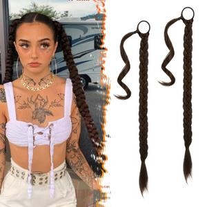 BARSDAR 2PCs 26 Inch Long Braided Ponytail Extension with Hair Tie - Straight Sleek Wrap Around Brown Braided Ponytail Hair Extensions - Synthetic Pony Tails Hairpieces for Women - Brunette Brown