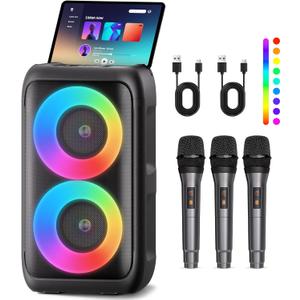 Bluetooth Speaker with 3 Wireless MicrophonesPortable Party Speaker for Adults & Kids with Lights,Speakers Bluetooth WirelessFloorstanding Speakers Support TWS/AUX/USB/TF Card for Home Party Gift