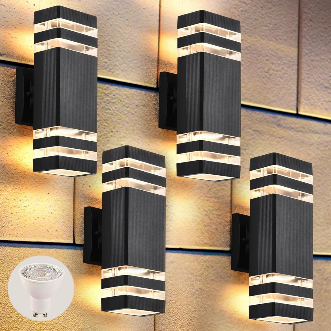 DASTOR 4 Pack Outdoor Wall Lights, Modern Exterior Lighting Fixtures Wall Mount, 2Layer Black Outdoor Lights for House, Up and Down Lights Outdoor Sconces Wall Lighting for Porch Patio Garage