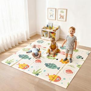 Baby Play Mat 79 x 71 Inch, Extra Large Foldable Play Mats for Babies and Toddlers, Foam Play Mat for Floor Travel Bag (Map & Fish)