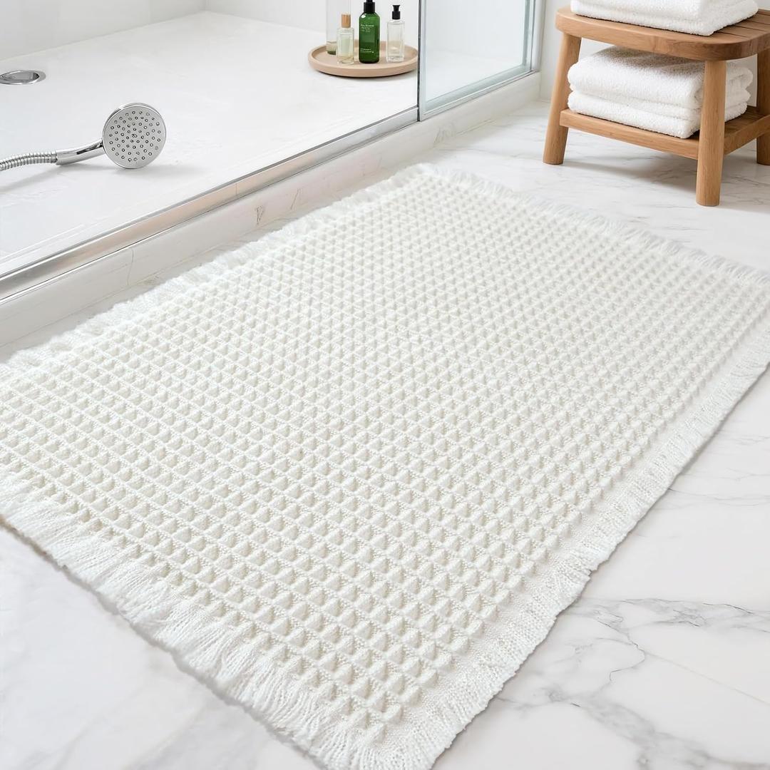 Waffle Bathroom Rugs, Super Absorbent Boho Bath Mats, Non-Slip Shower Mats for Bathroom Floor and Tub, Ultra Soft Waffle Weave Runner Mat, Quick Dry, Cream, 17x24 Inch