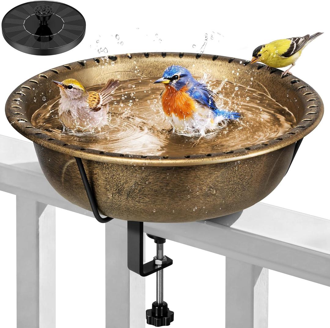 VIVOHOME Deck Mounted Bird Bath with Solar Fountain, Outdoor ABS Birdbath Bowl with Adjustable Metal Clamp, Solar Powered Pump for Railing, Fence, Balcony, 1.45 Gallons, Copper