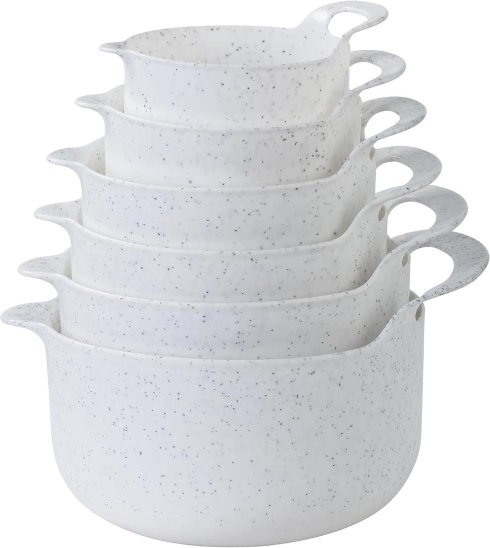 COOK WITH COLOR Nesting Plastic Mixing Bowl Set with Pour Spouts and Handles, Speckled White, 6 Piece Non-Slip