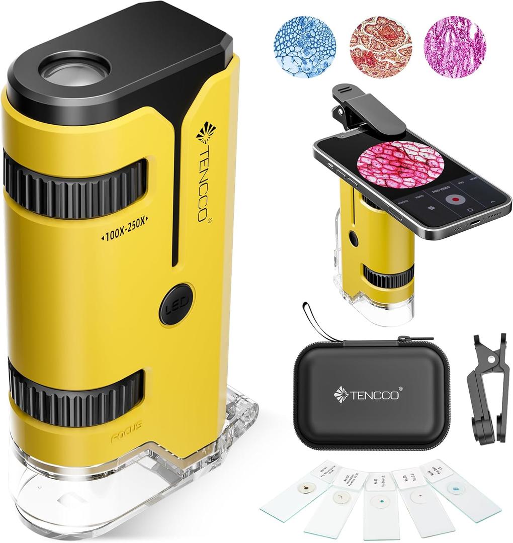 100x-250x Pocket Microscope for Kids Adults, Protable Handheld Miniscope, Mini Microscope Kit for Kids Adults Home School Lab Biology Science Education, Yellow