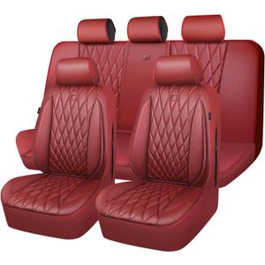 CAR PASS Piping Luxury Faux Leather Seat Covers Full Set, Premium Delux Anti-Slip Waterproof Automotive Seat Cover Universal Fit for Sedans Suvs Vans Trucks, Armrest & Airbag Compatible, Burgundy Red