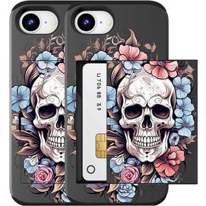 Compatible for iPhone 16e & 17e Case with Card Holder Cute - Kawaii Design Military-Grade Drop Protection Rugged Wallet Cases for Women (Black Skull Floral)