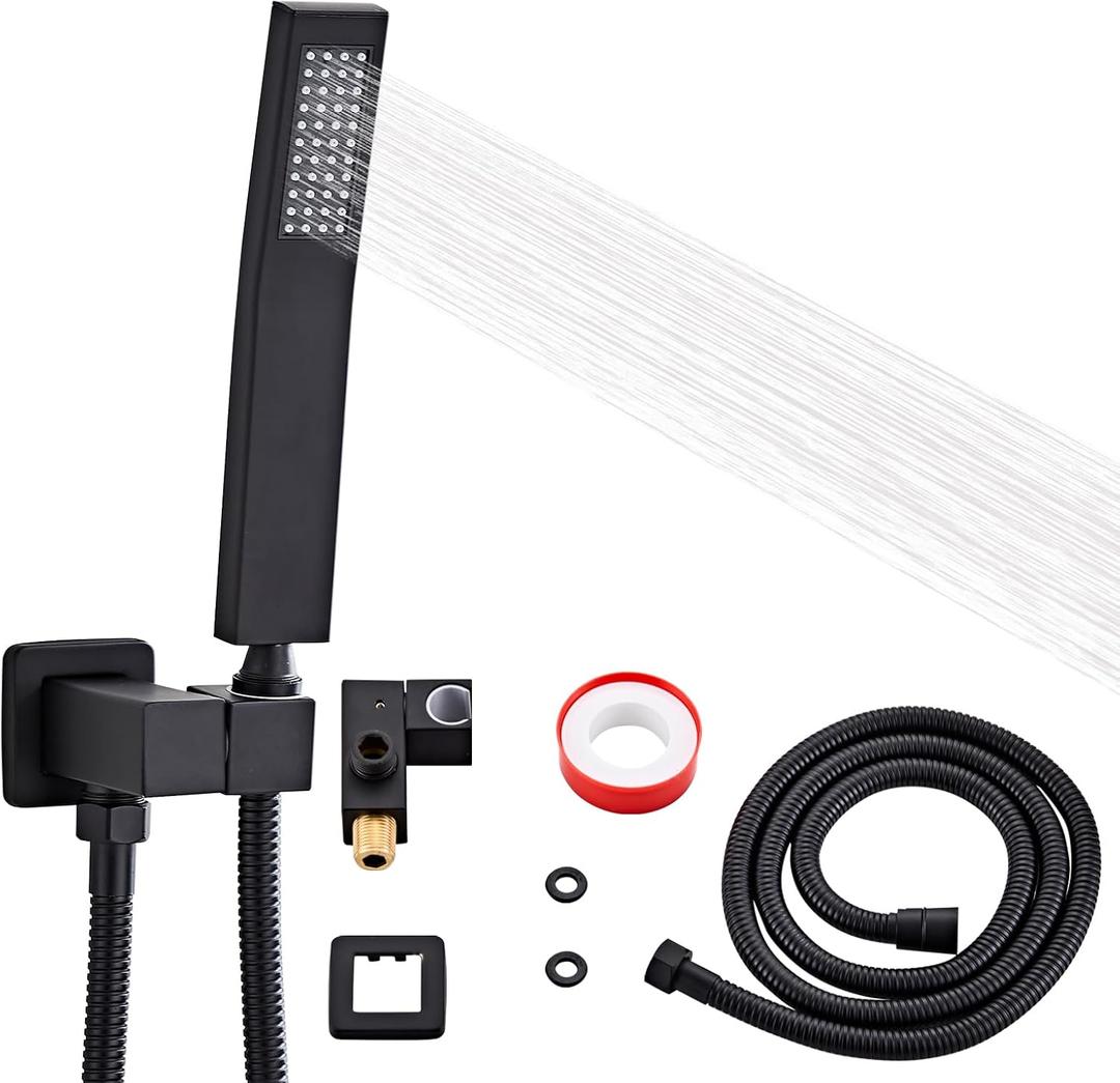 Bathroom Square Matte Black Solid Brass Hand Held Shower Head With Wall Connector and Hose System Wall Mount Handheld Showerheads Set