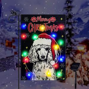 Christmas Garden Flag Lighted Xmas Poodle Dog Flags for Outside Solar Led Double Sided Burlap Winter Holiday Decorations Yard Lawn Outdoor Decor 12.5 x 18 Inch