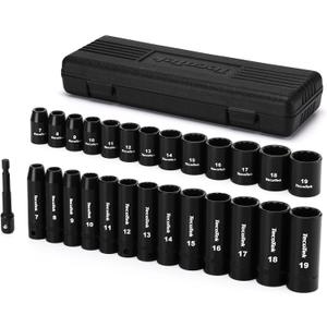 TecoTek 27 Pieces 3/8-Inch Drive 12-Point Metric Impact Socket Set, CR-V, 7mm to 19mm, Standard and Deep, 1/4"-3/8" Drill Adapter