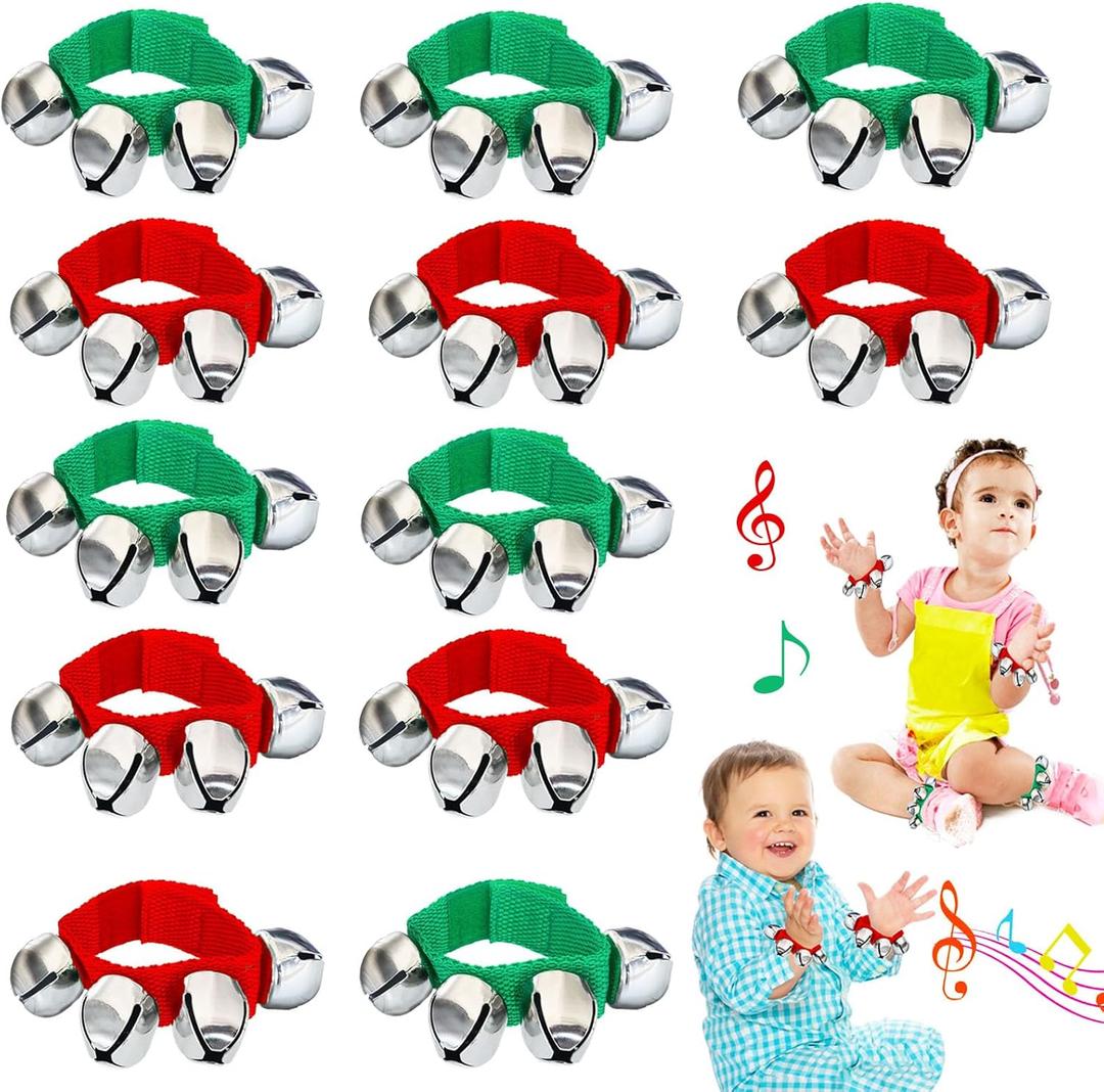 12 Pcs Christmas Wrist Jingle Bells,Bracelets Hand Bell Band Instrument Percussion Musical Ankle Bell for Kids,Party Favors,Green Red
