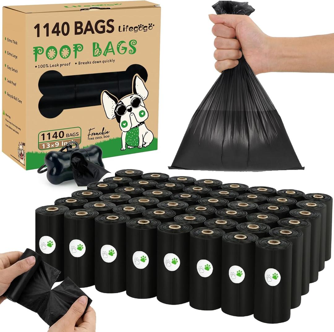 Dog Poop Bags 1140 Count (57 Rolls), Unscented Leak-Proof Waste Bag, 13x9" Black Doggy Poop Bags with Bone-Shaped Dispenser, Extra Thick & Easy Detach