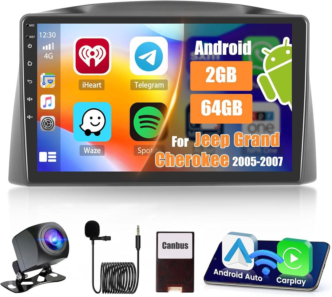 [2+64G] Hikity Android 13 Car Stereo for Jeep Grand Cherokee 2005 2006 2007 with Wireless Carplay Android Auto, 10.1" Touch Screen Car Radio GPS WiFi Bluetooth SWC Backup Camera FM Mic