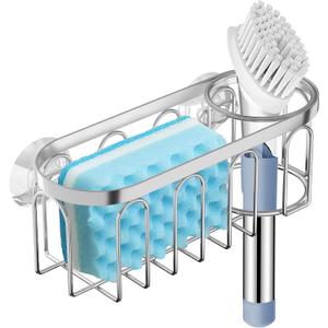 2-in-1 Sponge Holder for Kitchen Sink, Yazoni Suction Cup Sponge Rack Kitchen Caddy, No Drill Rustproof Sink Organizer for Place Dishwashing Brush Soap and Sponge (Silver)