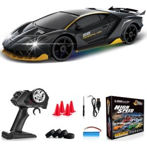 RC Drift Car 1:24 Remote Control Car 4WD 15KM/H High Speed Racing Sport Car with LED Lights RC Cars Toy for Kids Boys Girls Adults Gifts Birthday Christmas Rechargeable Batteries (Black-1)
