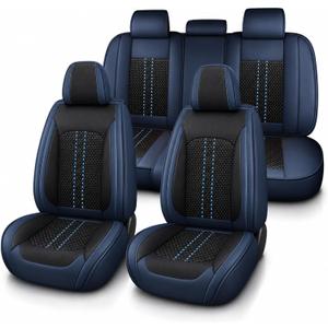 SecosAutoparts 5-Seat Car Seat Covers Full Set Microfiber Leather Waterproof Blue and Black Compatible Universal Fit Most Sedans SUVs Trucks Automotive Interior Seat Covers