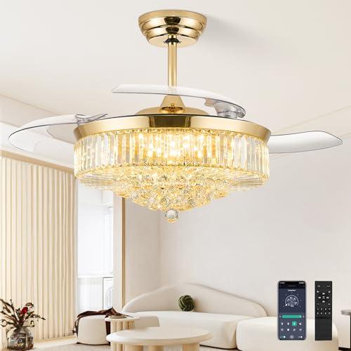 liangeight 52 Inch Fandelier Ceiling Fan with Light, Chandelier Ceiling Fan for Bedroom Living Room, 3 Color Temperature, 6 Wind Speed. Reversible Motor, Memory Function-Gold