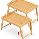 Breakfast Bed Tray for Eating - Height Adjustable Raised Food Table - Bamboo Serving Tray on Lap Sofa - Portable Snack Platter with Folding Legs Ideal for Bedroom, Picnic - Natural 2 Pack