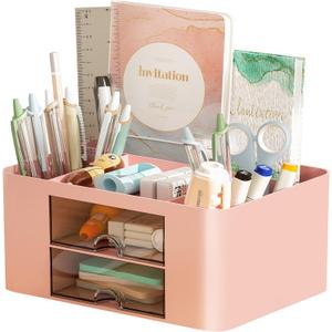 Marbrasse Pen Organizer with 2 Drawer, Multi-Functional Pencil Holder for Desk, Desk Organizers and Accessories with 5 Compartments + Drawer for Office Art Supplies (Pink)