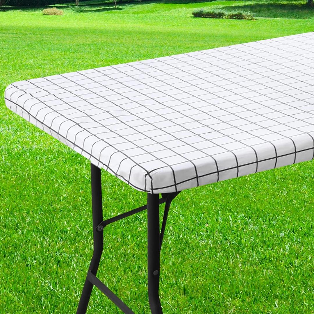 Rectangle Vinyl Table Cloth 30x48, Waterproof Elastic Fitted Tablecloth with Flannel Backing, Plastic Table Cover for Picnic, Camping, Outdoor, White