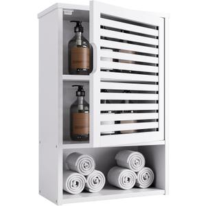 HITNET Bathroom Cabinet Over Toilet, White Medicine Cabinet, Hanging Cupboard with Single Door and Open Bottom Shelf, Wall Mounted Bamboo Storage Organizer