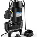 Acquaer Sewage Pump Submersible Water Pump with Automatic Float Switch, for Sump Basin, Residential Sewage, Black, 2'' NPT 3/4 HP 6400 GPH