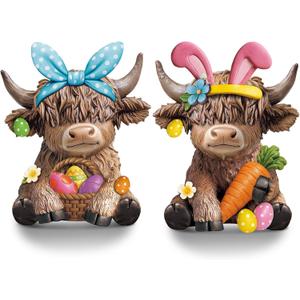 Karenhi 2 Pcs Easter Highland Cow Figurines Bunny Eggs Basket Highland Cow Gnomes Pink Rabbit Scottish Resin Statue Calf Lovers Gifts for Spring Home Kitchen Office Tiered Tray Table Decor