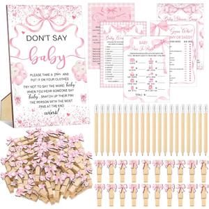 Patelai 321 Pcs Pink Bow Baby Shower Decorations Set 5 Games Include Pink Ribbon Baby Shower Bingo Word Scramble Description The Price Guess Don't Say The Word Sign for Coquette Bow Game Party Decor