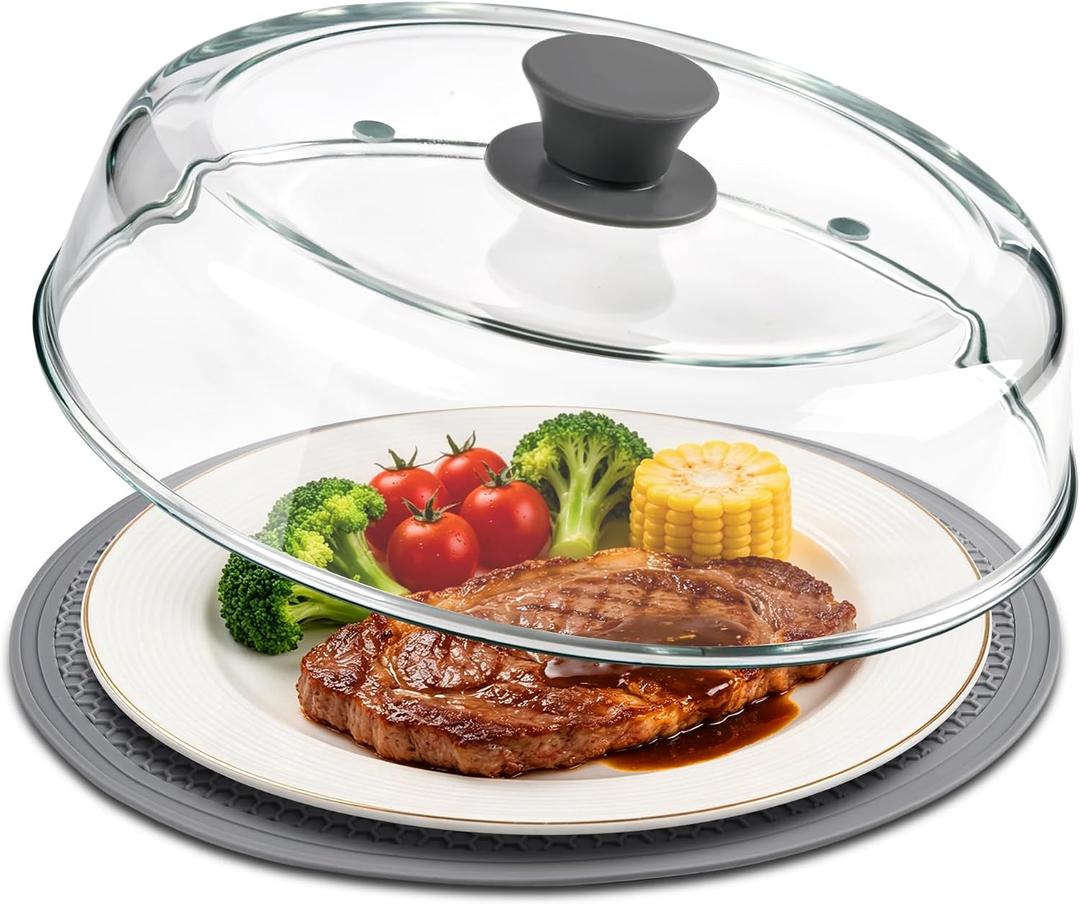 10inch Glass Microwave Splatter Cover for Food with Silicone Mat Heat Resistant Plate Splatter Guard Lid with Vent Holes & Easy-Grip Handle BPA Free, Dishwasher Safe