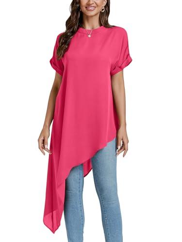LYANER Women's Casual Mock Neck Short Sleeve Irregular Hem Loose Blouse Long Shirt Top Rose Medium