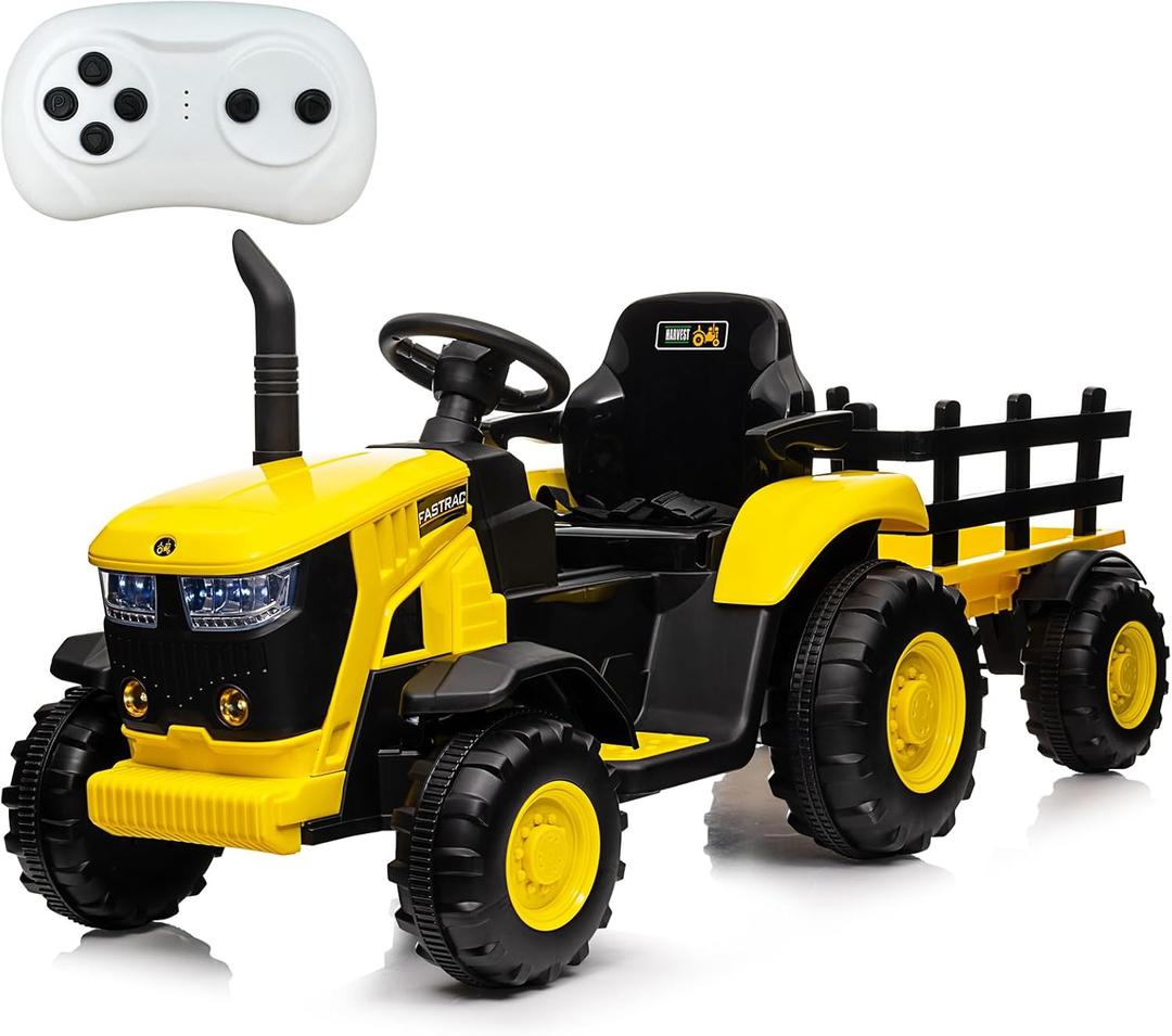 Kids Ride on Tractor with Remote Control, 12V Battery Powered Electric Tractor and 35W Dual Motors for Kids Bluetooth Music/USB, 3-Gear-Shift, Safety Belt, 7-LED Lights, Yellow (Normal)