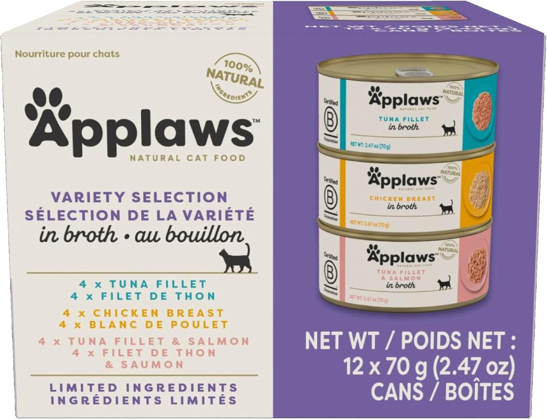 Applaws Natural Wet Canned Cat Food, Limited and Natural Ingreidents, High Protein with No Artificial Additives, Variety Pack in Broth (12 x 2.47oz Cans) (EXP 04/11/28)