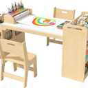 56Lx25W Kids Art & Craft Table and 2 Chairs Set, Portable Supply Organizer and Paper Roll Rack, Art Desk and Craft Table for Kids, Toddler Activity and Coloring Tables with Storage(White)