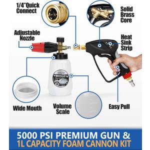 TOOLCY Foam Cannon Kit with Pressure Washer Gun 5000 PSI, 5 Nozzle Tips, 1/4" Quick Connector, 1L Bottle, Quick Release, Industrial Grade