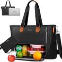 Work Tote Bag for Women, 15.6" Laptop Bags with Insulated Food Compartment, Small Purse& Shoulder Strap, Large Leather Quilted Totes for Office,Travel, Black