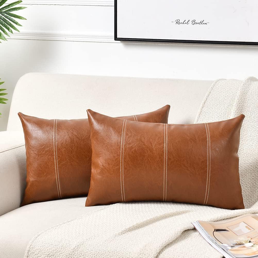Fancy Homi 2 Packs Brown Boho Lumbar Faux Leather Decorative Throw Pillow Covers 12x20 Inch for Living Room Couch Bed Sofa, Hand Stitched Rectangle Cushion Case, Rustic Modern Farmhouse Home Decor 