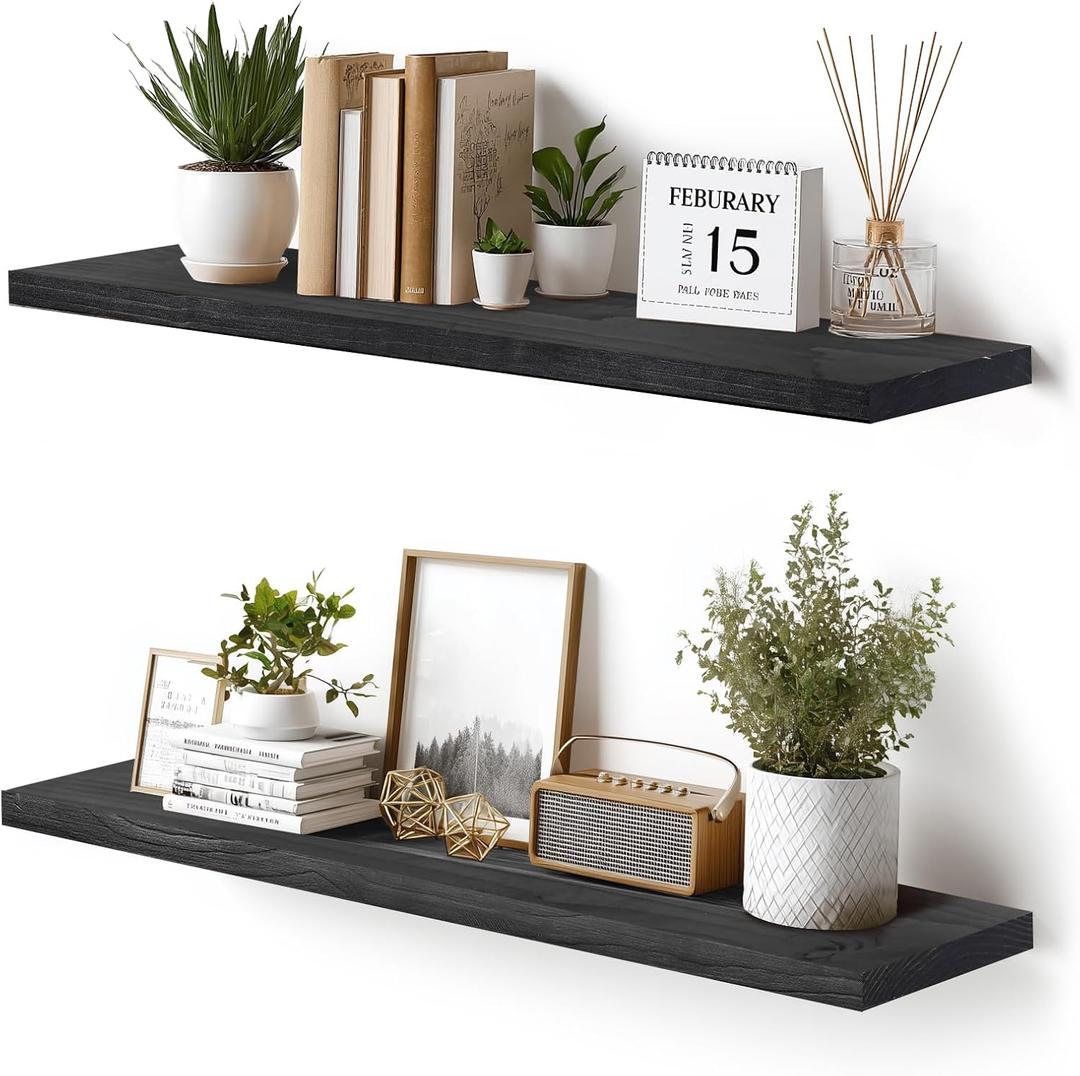 Floating Wall Shelves 2-Pack - 36-Inch Rustic Black Wooden Shelves for Storage and Dcor, Easy Installation for Living Room, Bedroom, and Kitchen