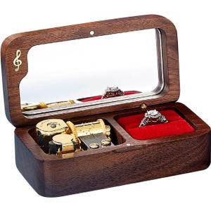 Elegant Vintage Wooden Jewelry Ring Jewelry Box, Musical Ring Box Gift for Lover Birthday Wedding Anniversary(Walnut Wood, Tune: You are my sunshine)