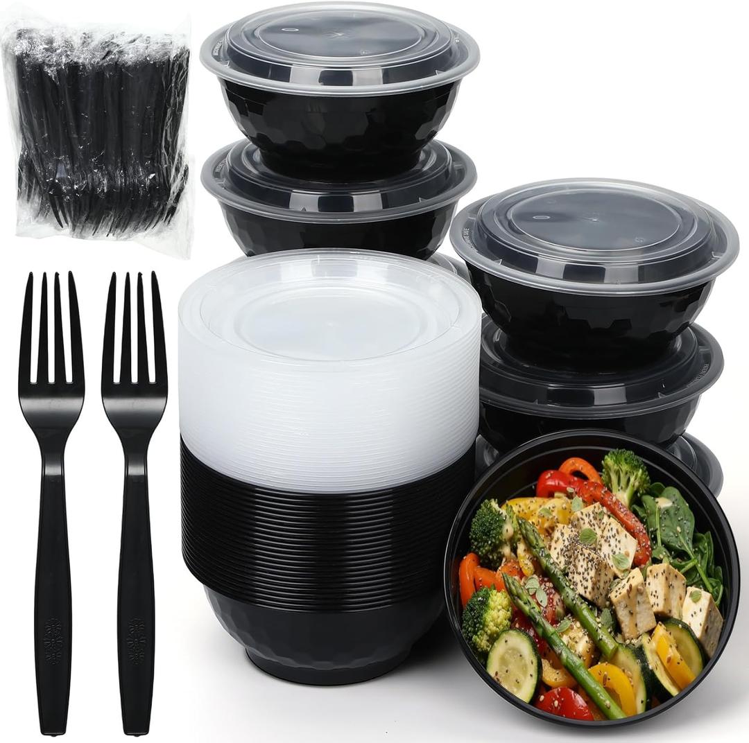 Nitial 50 Pack 36 oz Round Meal Prep Containers with Lids and Extra Long Forks, Disposable Plastic Bowls with Clear Lids for Noodles and Salad, Take out Bowl, Microwave Safe (Black)