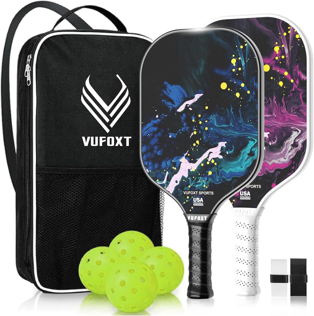 Pickleball Paddles Set of 2, USAPA Approved 99.99% Carbon Fiber Surface Pickleball Sets PP Honeycomb Core Pickleball Rackets, Lightweight Paddles with 4 Balls 1 Bag and Tapes for Beginners Medium