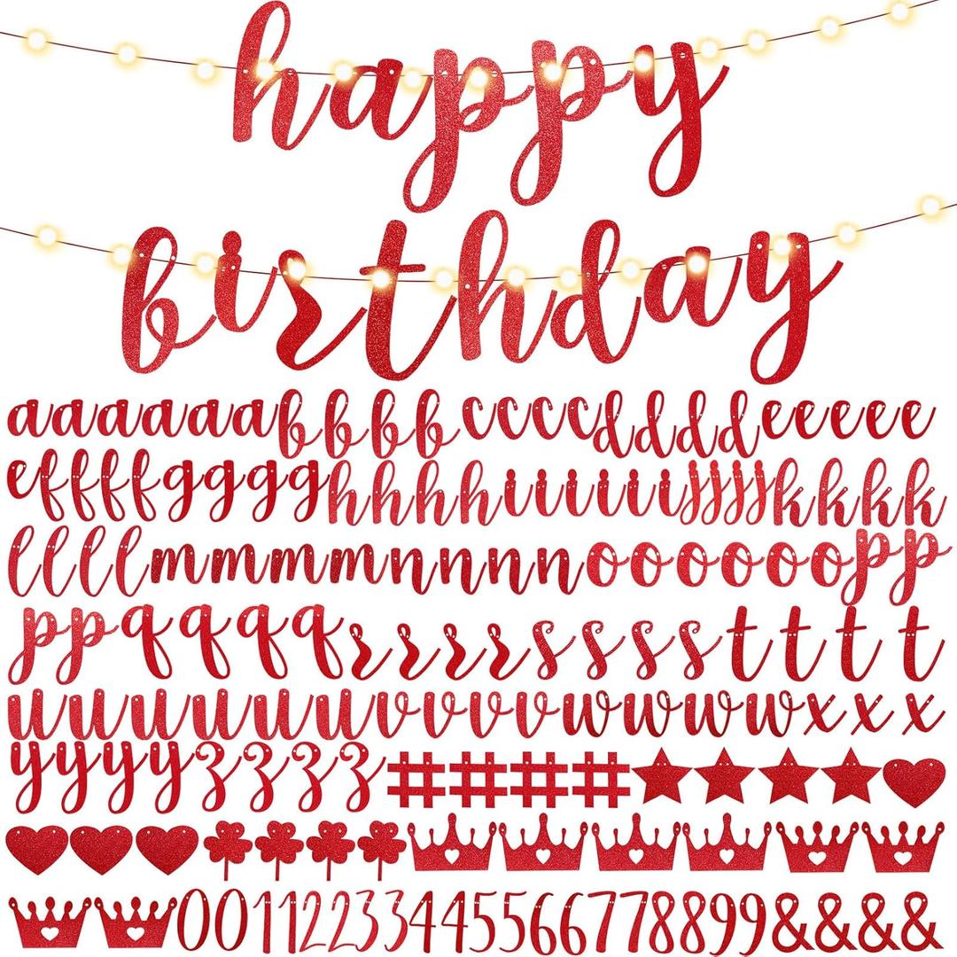 TaoBary 167 Pcs DIY Banner Kit Happy Birthday Glitter Banner Customizable Glitter Make Your Own Kit 162 Letters Symbols and Numbers 3 Rope for Birthday Halloween Wedding Christmas(Red)