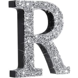 Qunclay Silver Crystal Diamond Bling Letters Crushed Diamond Decoration Wooden Glitter Letter with Screw and Hooks Rhinestone Gift for Wedding Y2k Mcbling Bedroom Wall Decor(Letter R,5.7"l X 5.7"w)