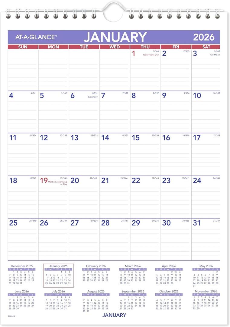 AT-A-GLANCE 2026 Wall Calendar, 8" x 11", Small, Ruled Blocks (PM12826)
