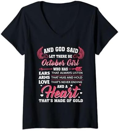 And God Said Let There Be October Girl Who Has V-Neck T-Shirt size M