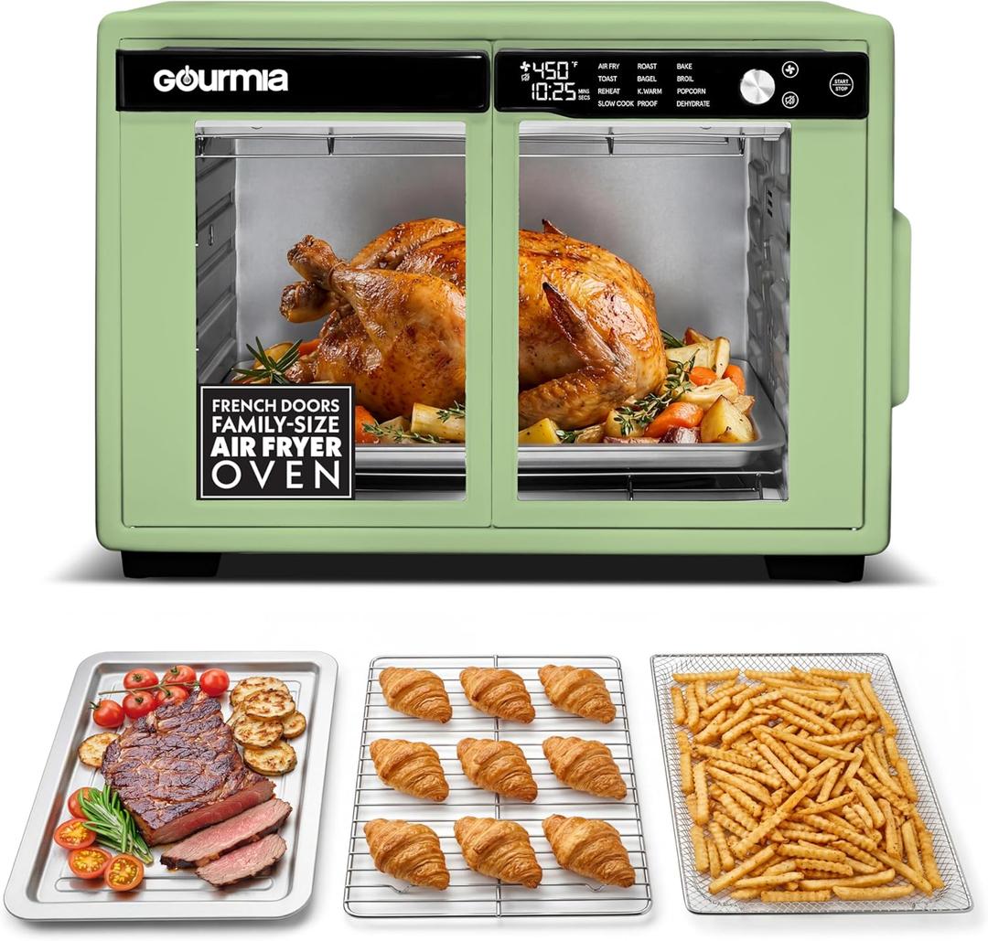 Gourmia French Door Air Fryer Oven - 37 Qt Large Capacity Convection Toaster Oven, FryForce 360°, Digital Display, 12 Cooking Presets, Dehydrate, Fits 13” Pizza, Dishwasher-Safe, Green