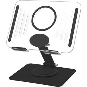 Adjustable Clear Tablet Holder, Foldable Acrylic Tablet Stand,360 Degree Rotating Aluminum Base for Home Office Desk, Portable iPad Stand for Desk (Black 2)