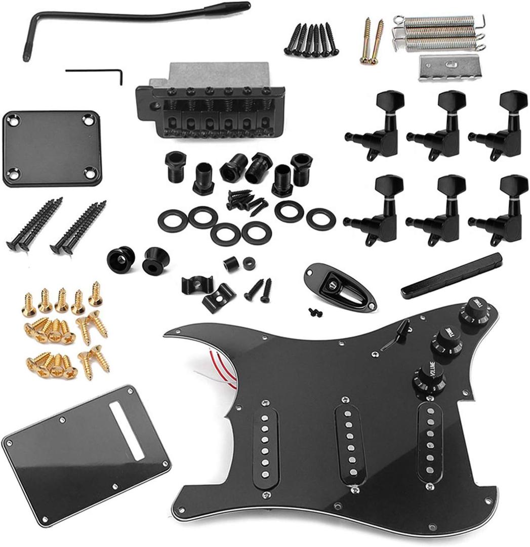 ST Style Electric Guitar Full Set DIY Accessory Kit Including Prewired Pickguard Bridge SSS Pickups and Other Accessories Black